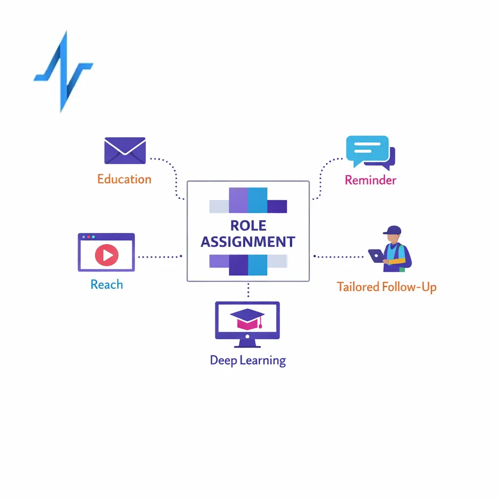 Five channel icons each carry a different role in a clean matrix showing how coordinated campaigns avoid duplication.