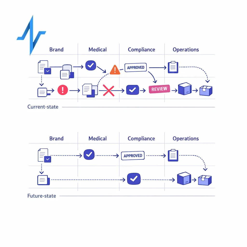 Brand, medical, compliance, and ops handoffs are mapped as friction points and smoother future flow.