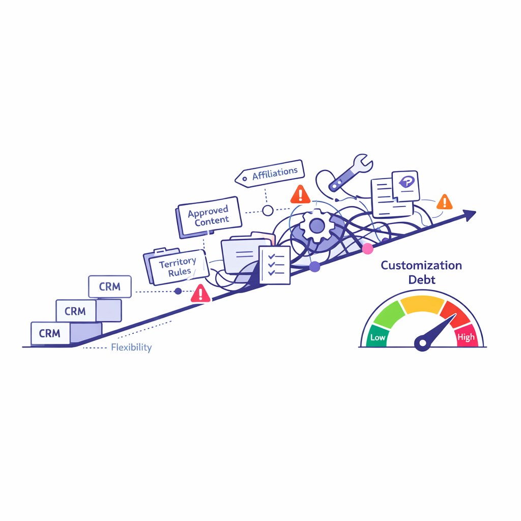 A visual meter shows general CRM flexibility turning into rising customization debt over time.