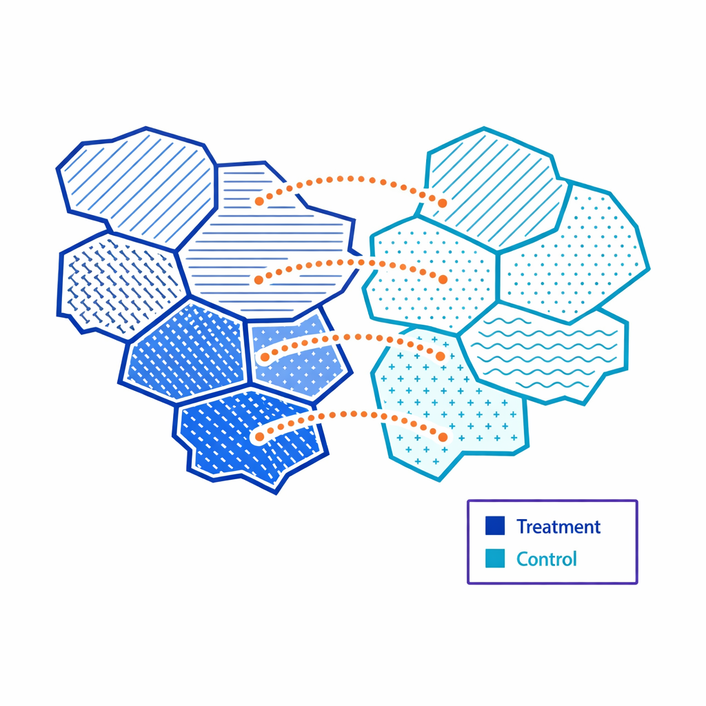 A simplified map grid shows matched treatment and control regions to illustrate geo holdout testing.