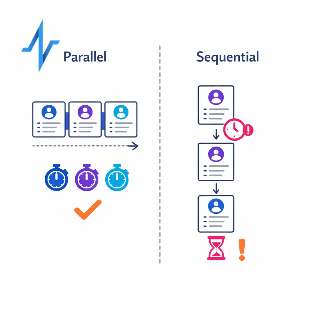 Two contrasting paths compare parallel review speed with sequential review delay in a simple diagram.