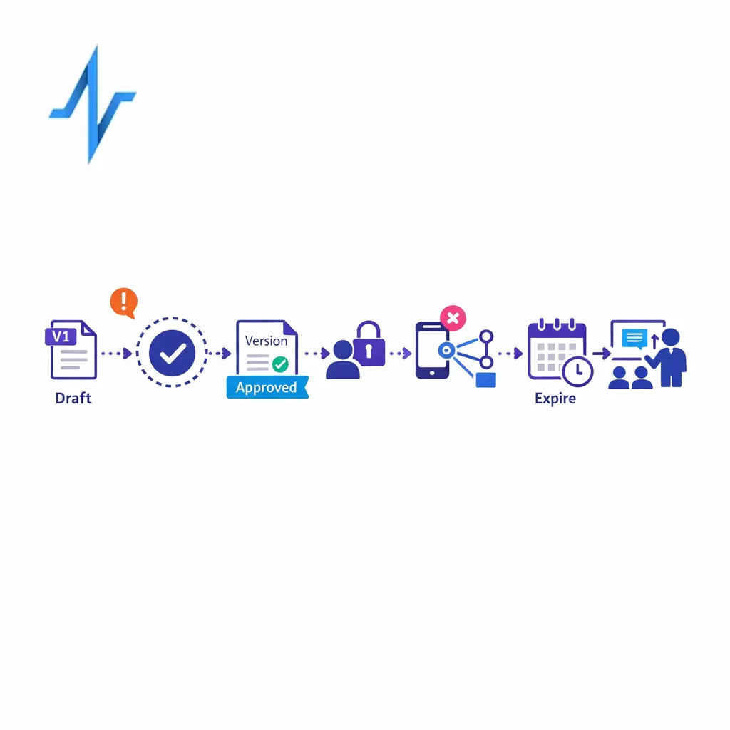 A controlled content path illustrates review, versioning, audience rules, and expiration inside CRM orchestration.