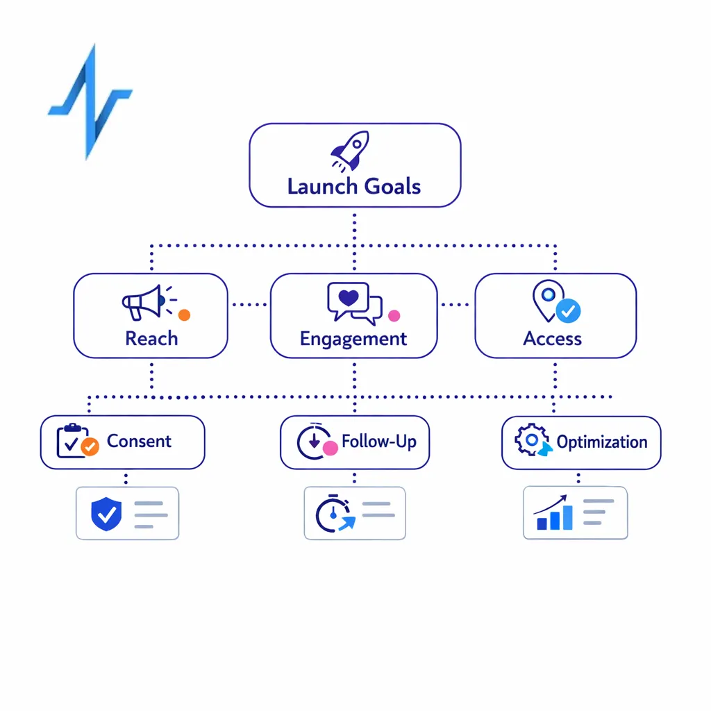A KPI tree branches from launch goals to leading indicators and dashboard monitoring views.