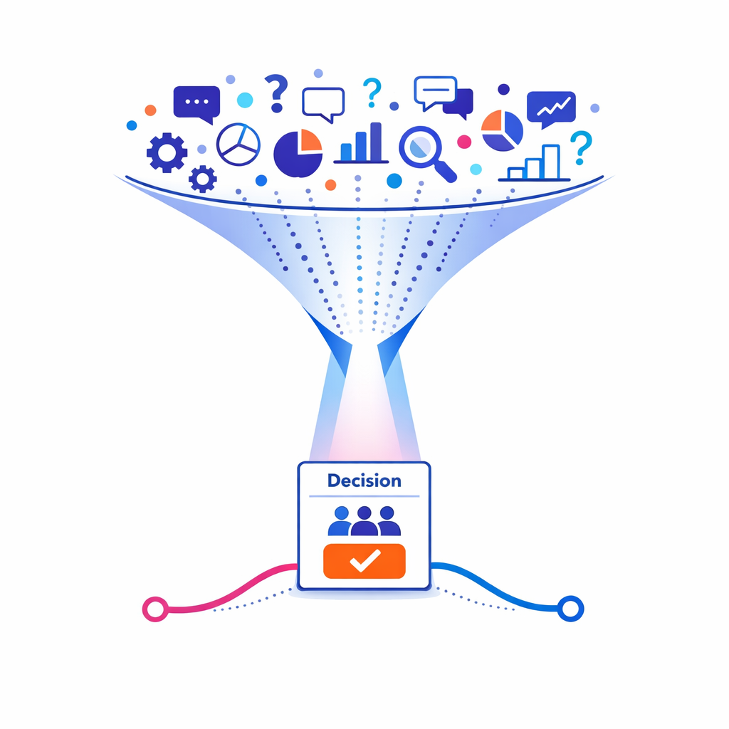 A wide cloud of possible questions narrows into one focused decision path at the center.