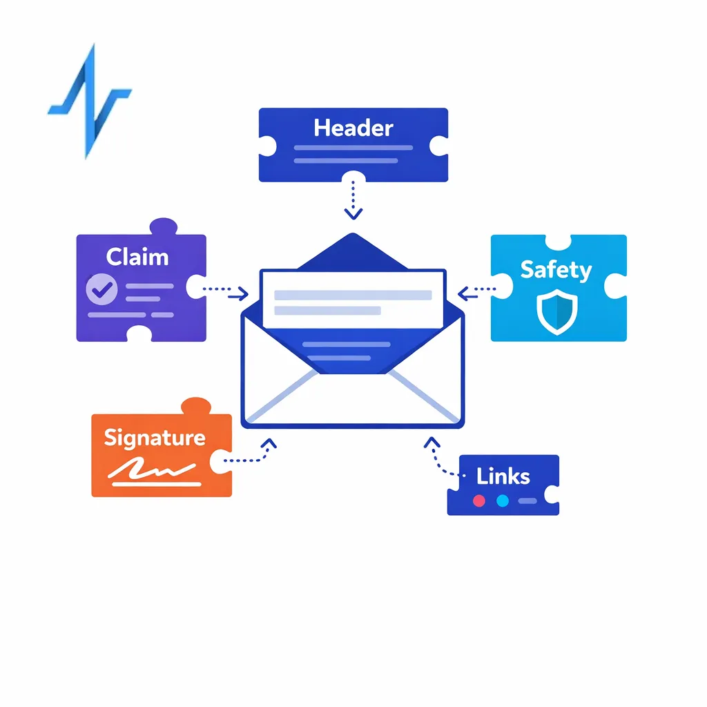 A modular email shell is assembled from reusable approved fragments for headers, claims, safety, and links.