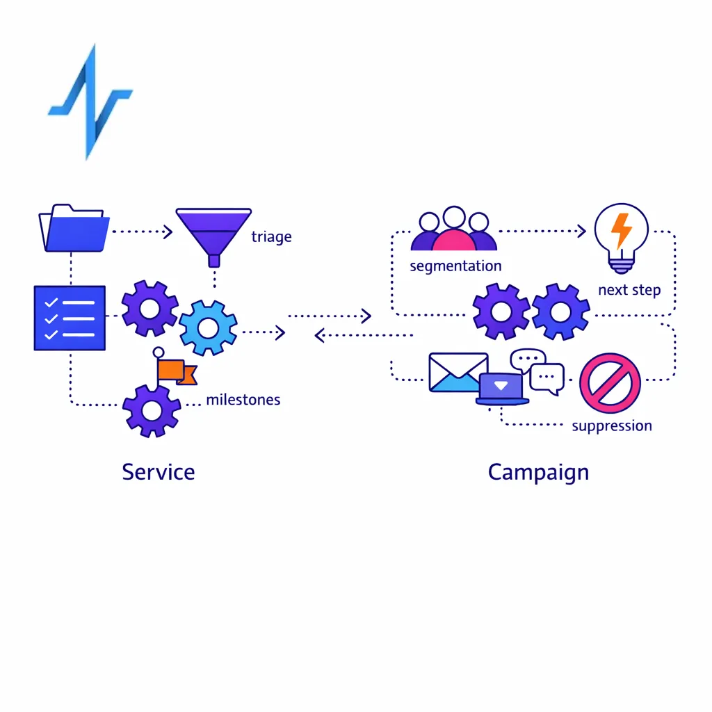 Service milestones and campaign automation are shown as distinct workflow engines with different triggers and outputs.