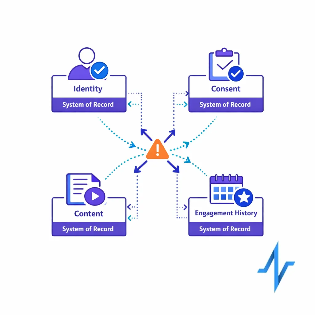A source-of-truth map assigns ownership for identity, consent, content, and engagement history.