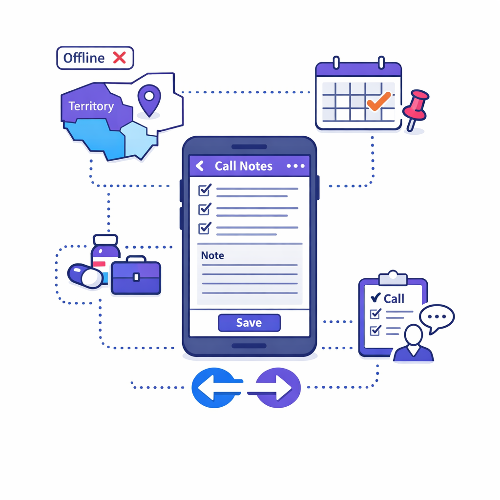 A mobile-first field workflow shows territory planning, call capture, and offline use for reps.