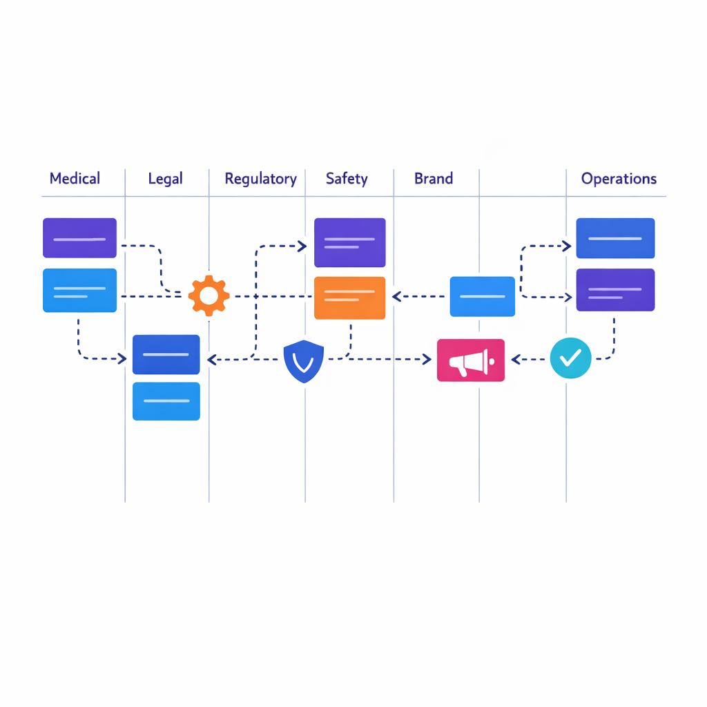 Multiple teams connect through a shared workflow board with role-based permissions and visible handoffs.