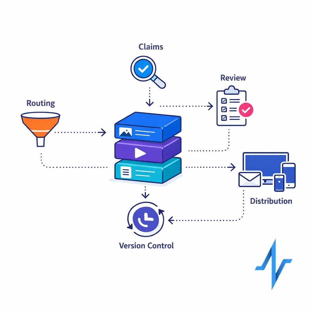 Reusable content blocks flow through review, version control, and publishing in a minimal diagram.