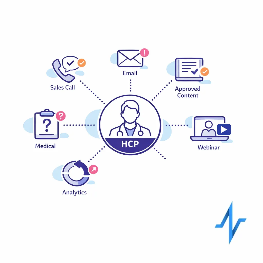 A single HCP record connects coordinated sales, marketing, and medical touchpoints across channels.