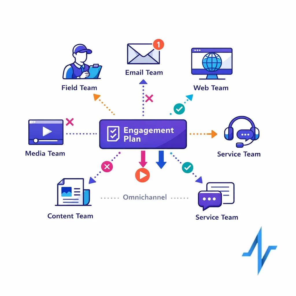 A coordinated channel map links field, email, web, media, and service touchpoints around one engagement plan.