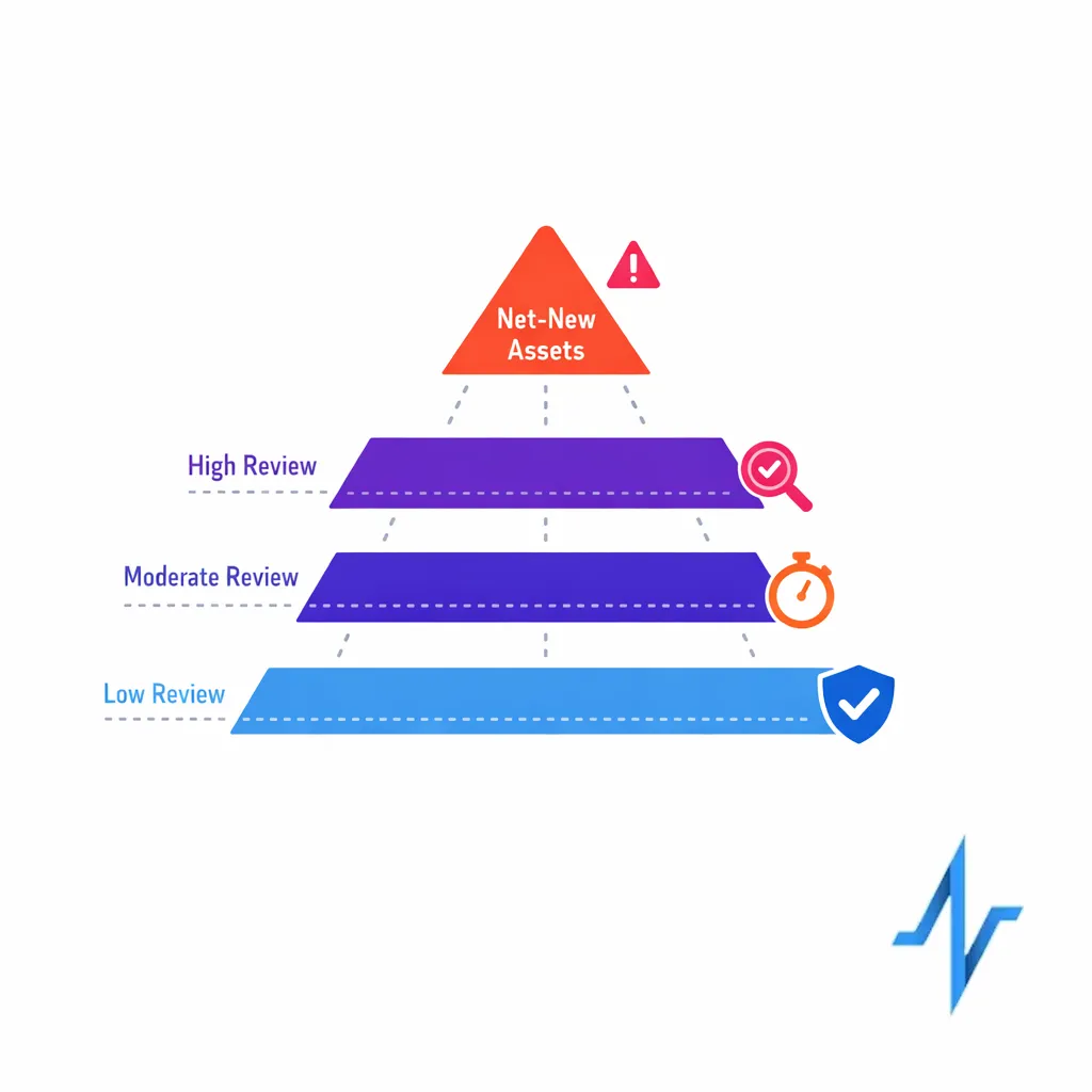 A pyramid-like risk model routes high-risk assets to deeper review and low-risk derivatives to faster paths.