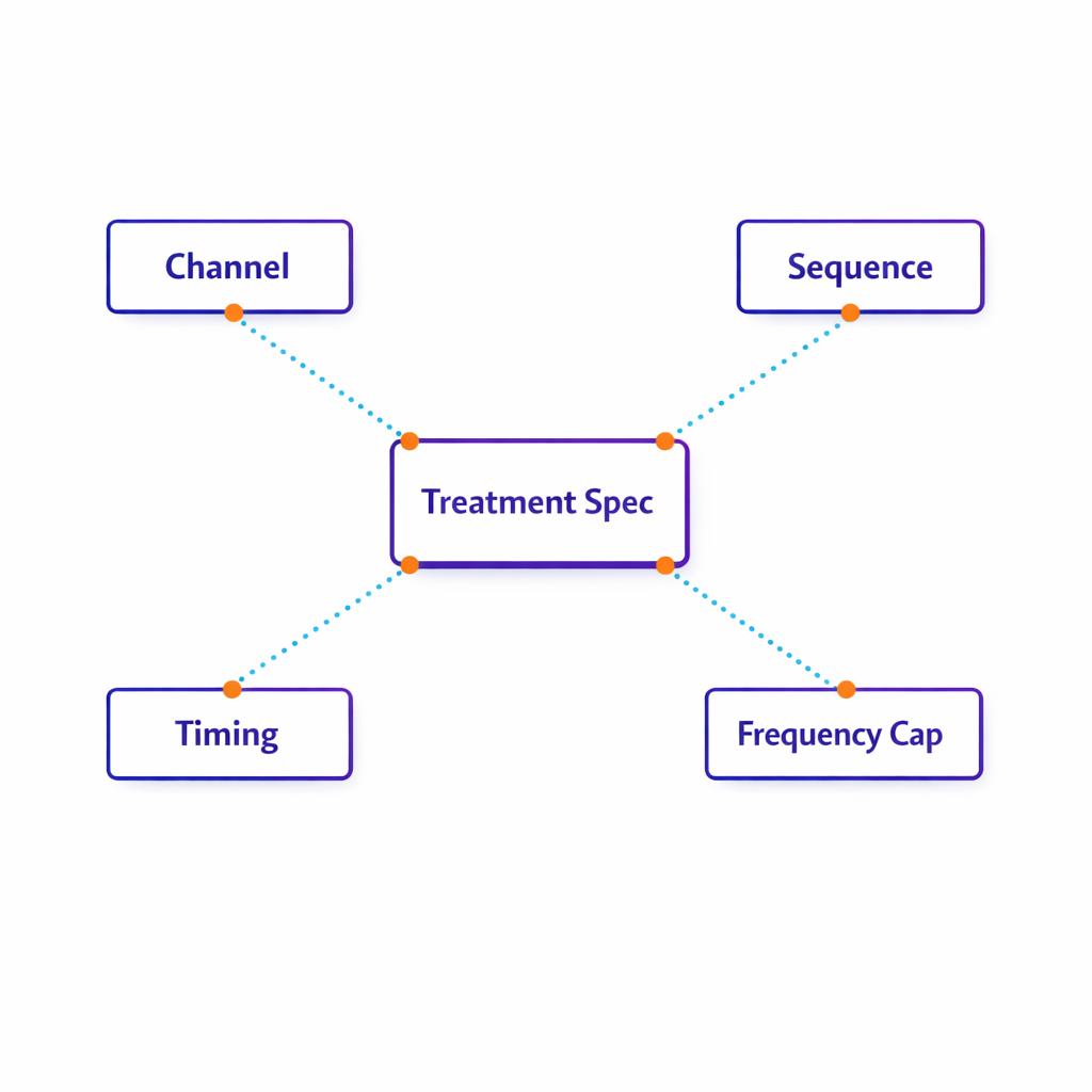 A flow diagram defines sequence, channels, timing, and frequency caps as the treatment specification.
