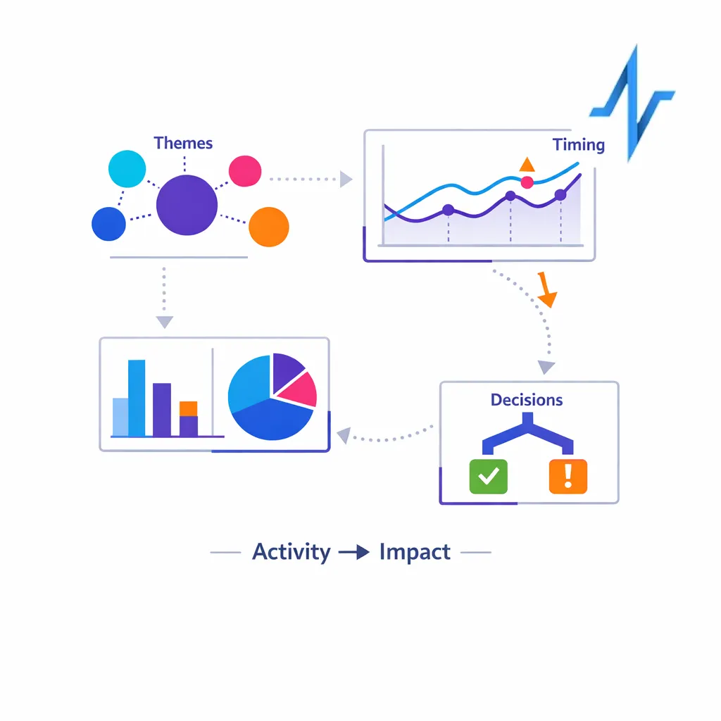 A dashboard graphic links interactions, themes, timing, and decisions instead of simple activity counts.
