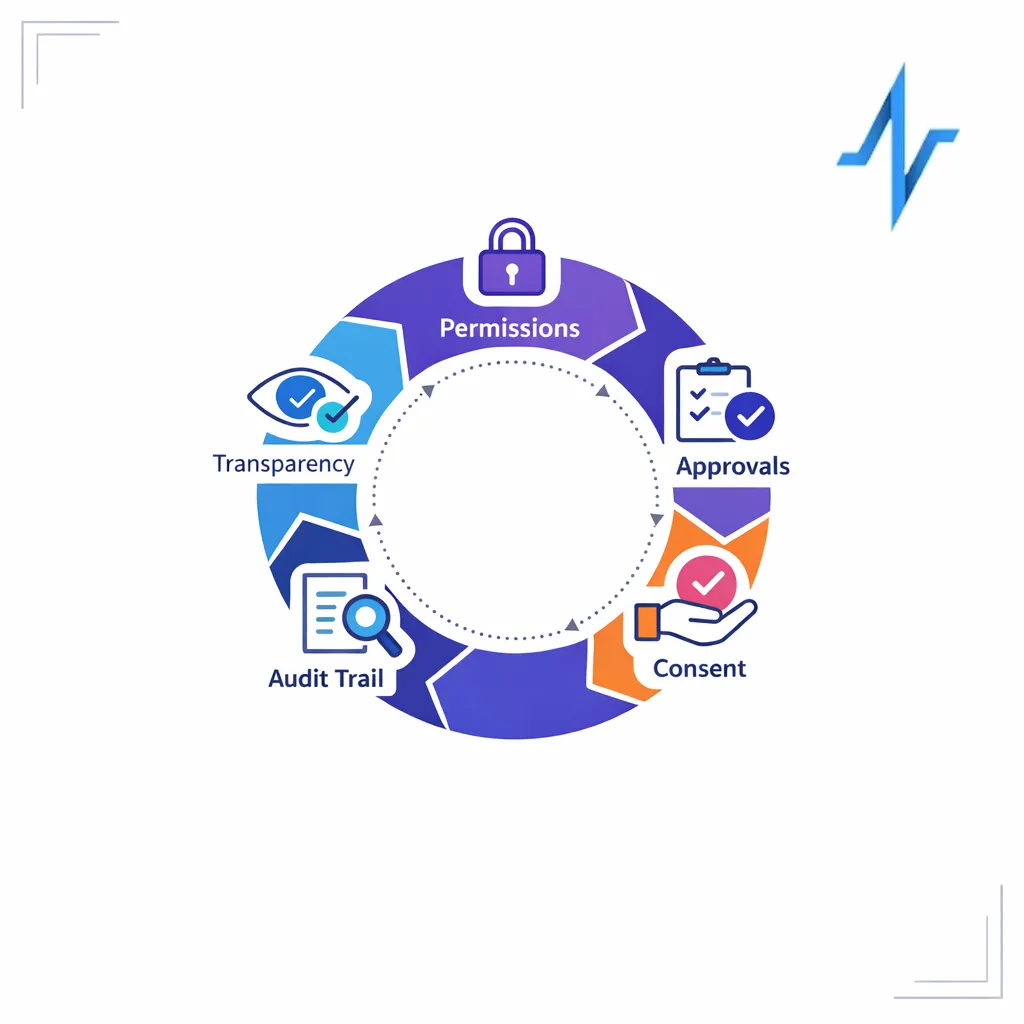Permissions, approvals, audit trail, and consent are embedded inside a controlled workflow diagram.