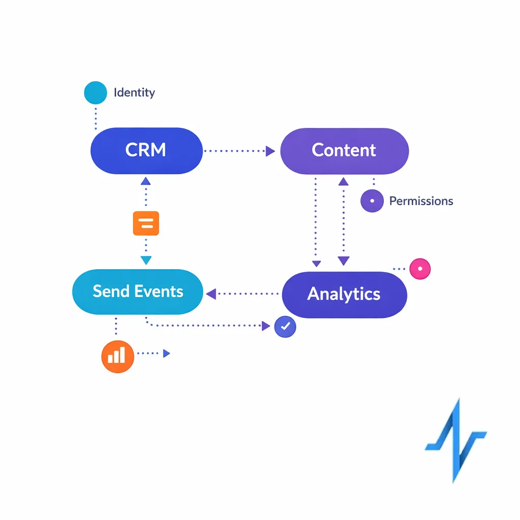 A connected system map links CRM, approved content, send events, and analytics into one pharma workflow.