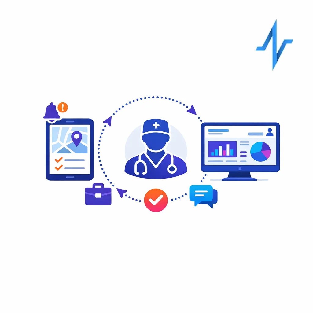 A rep tablet and digital dashboard exchange signals in a closed-loop system around a clinician account.