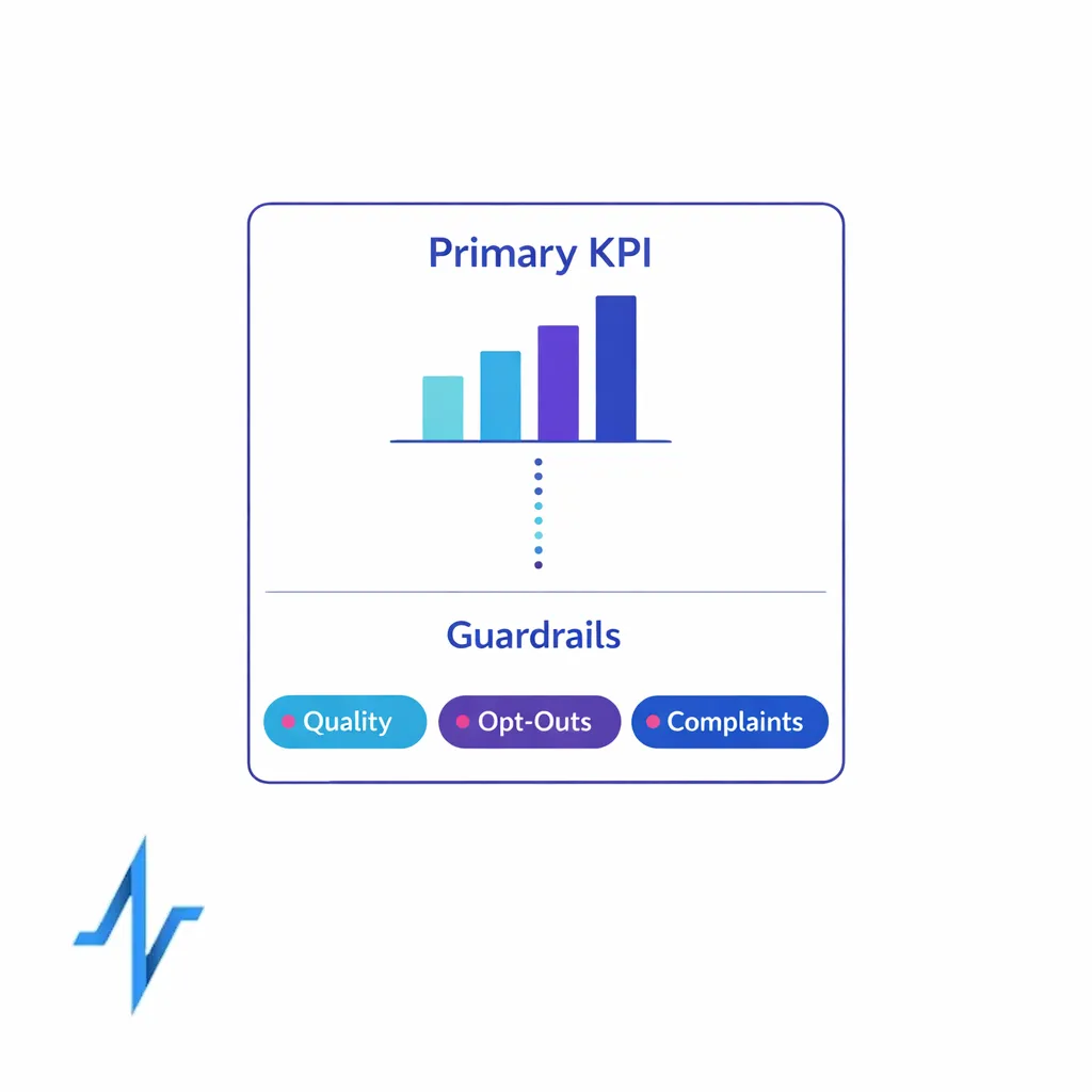 A dashboard-style card shows one primary KPI and three guardrail metrics with clear separation.