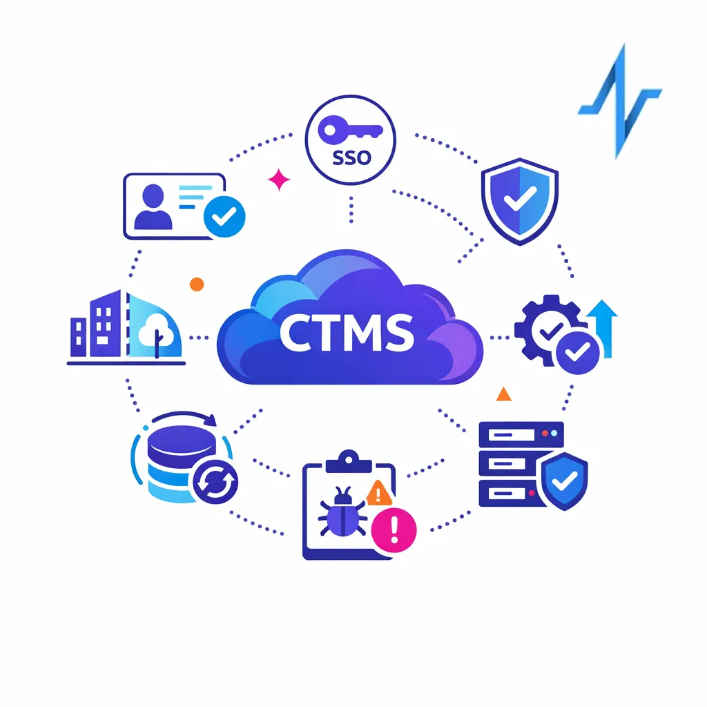 Security controls like least-privilege, SSO, MFA, and environment separation surround a cloud CTMS.