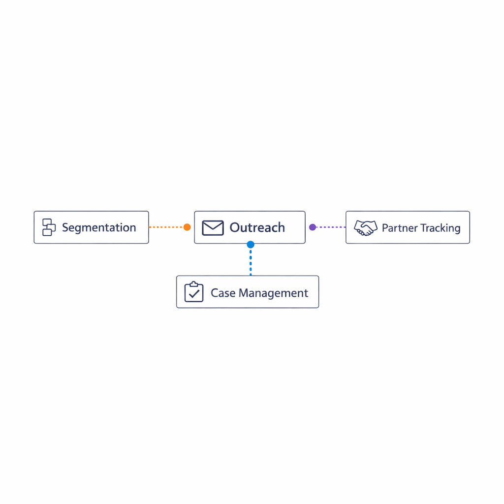 A simplified workflow scene shows where a general CRM suits smaller or earlier-stage pharma teams.