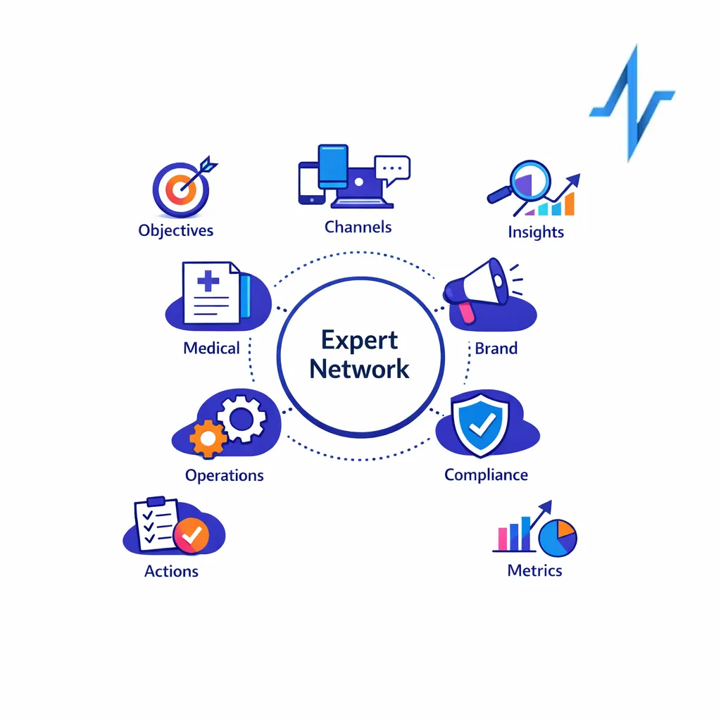 A central workflow connects medical, brand, operations, and compliance around a shared KOL engagement plan.