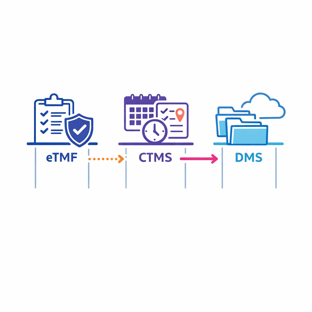 Three-column diagram distinguishes eTMF evidence control from CTMS execution tracking and general document storage.