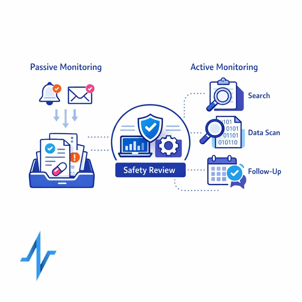 Two complementary monitoring methods are shown as waiting intake and proactive surveillance.