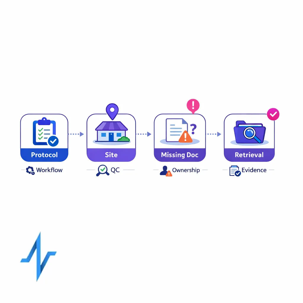 A scripted demo path follows one protocol, one site, one missing document, and one retrieval request.