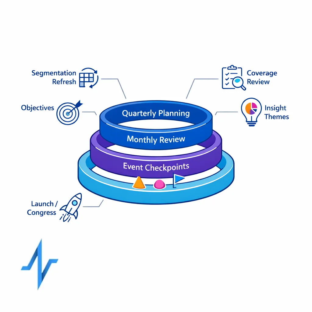 Quarterly, monthly, and event-driven checkpoints align teams around one KOL planning rhythm.