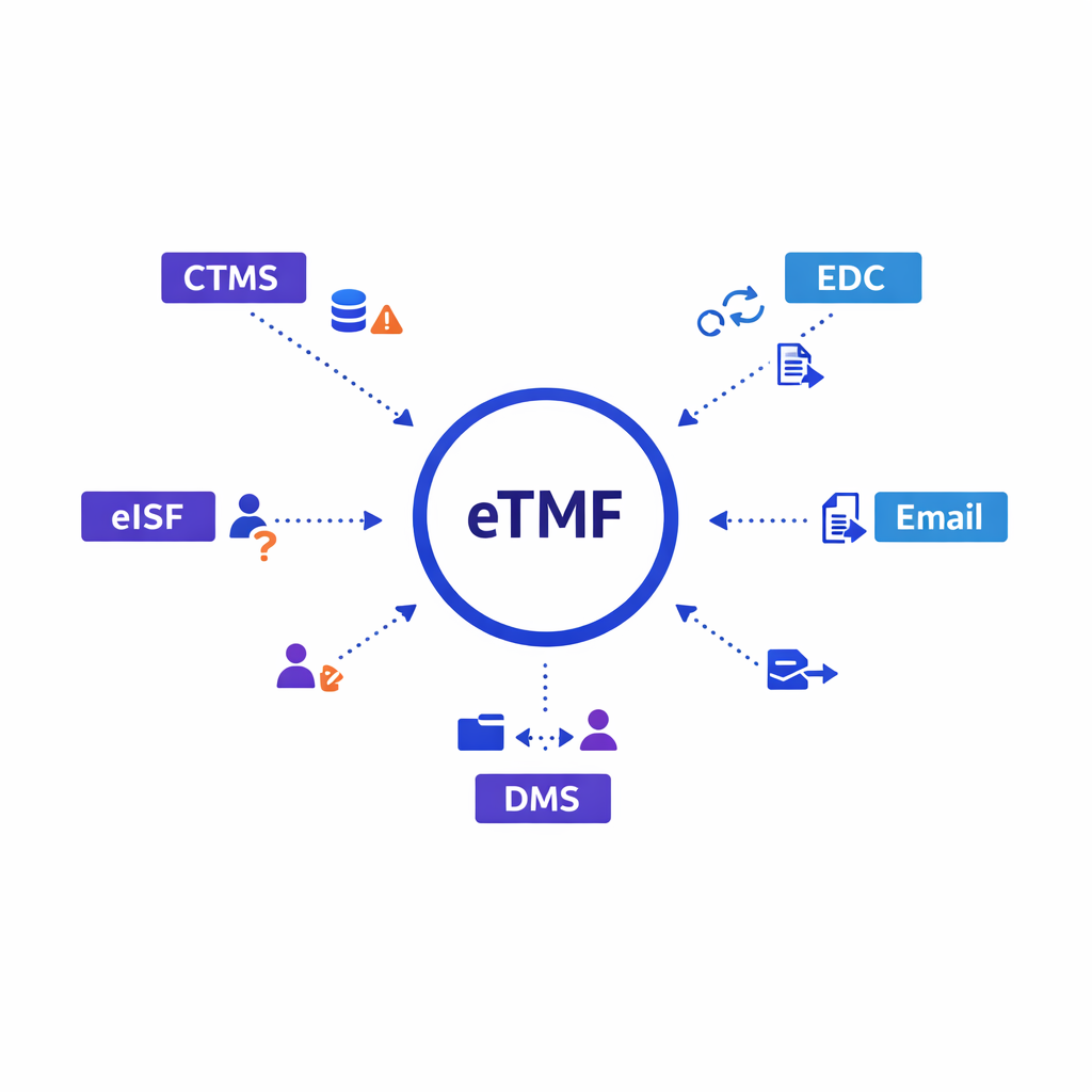 Connected systems map links eTMF with CTMS, EDC, eISF, email, and data ownership checkpoints.
