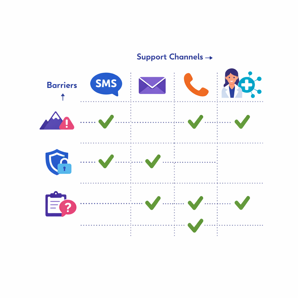 SMS, email, calls, and support teams align to the specific problem each patient faces.