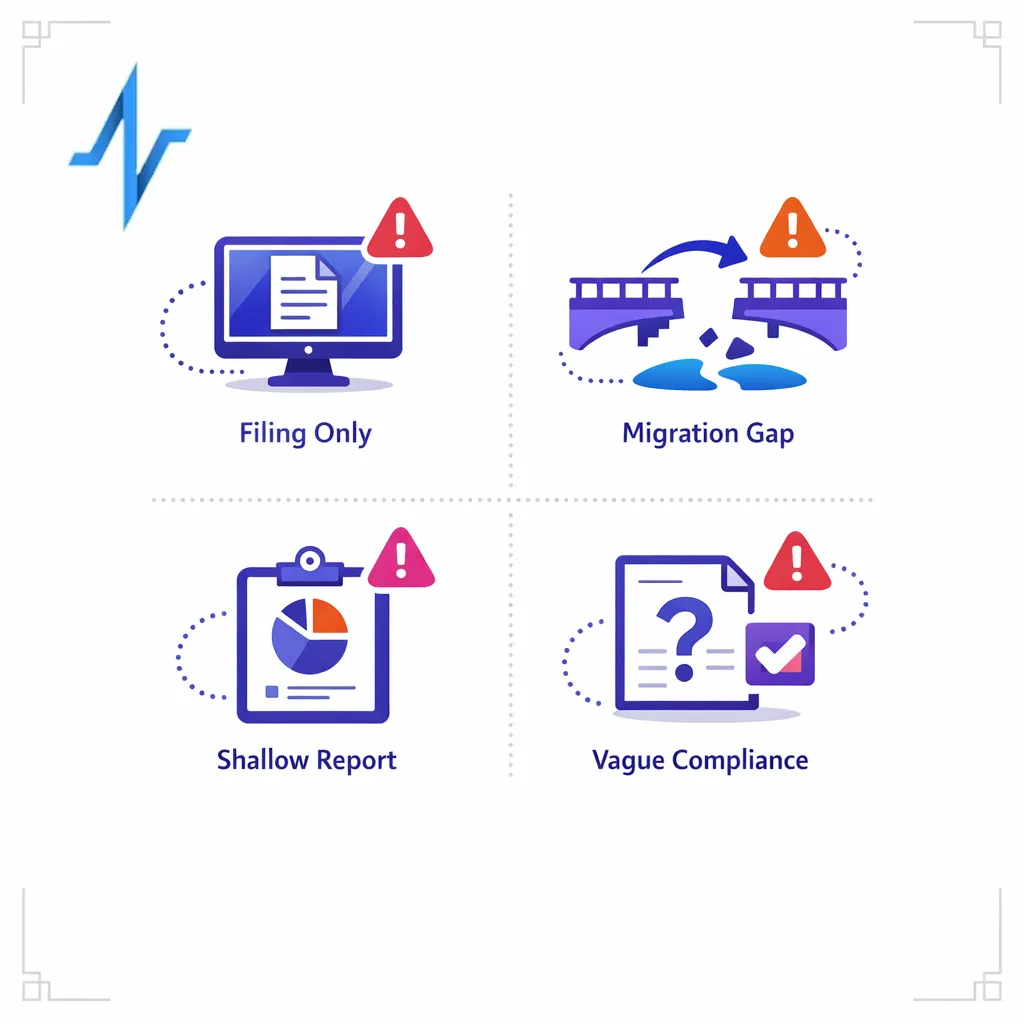 Warning markers highlight polished screens, weak migration answers, shallow reporting, and vague compliance claims.