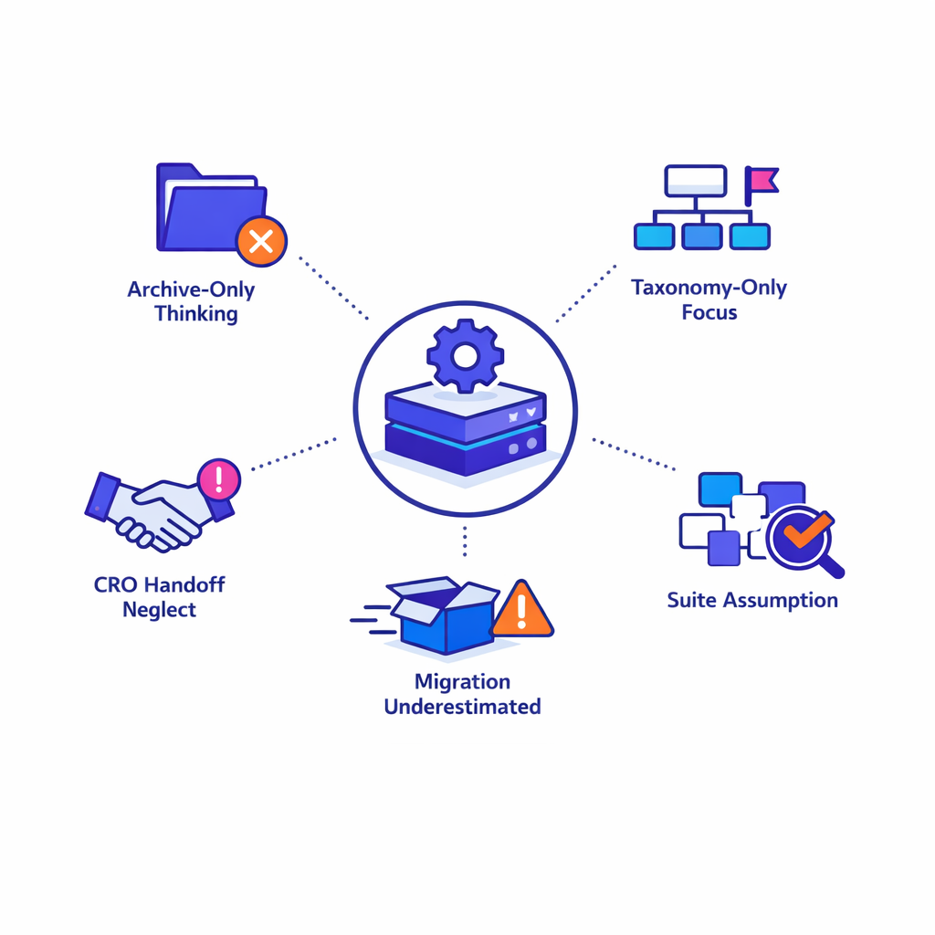 Five common mistakes appear as crossed-out workflow icons around a central controlled platform.