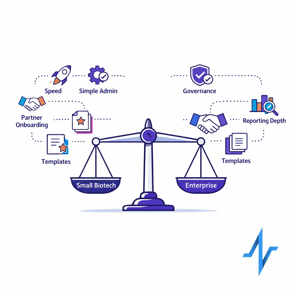 Balanced scale compares lean deployment needs with enterprise governance, templates, and cross-study oversight.