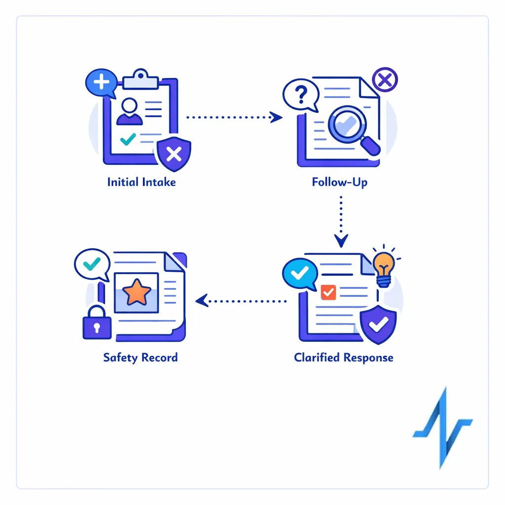 A routed case moves through follow-up steps while context stays attached end to end.
