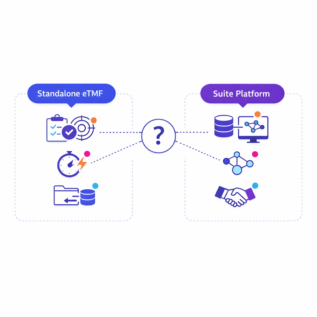 Decision path compares focused standalone eTMF control with broader suite integration and shared master data.