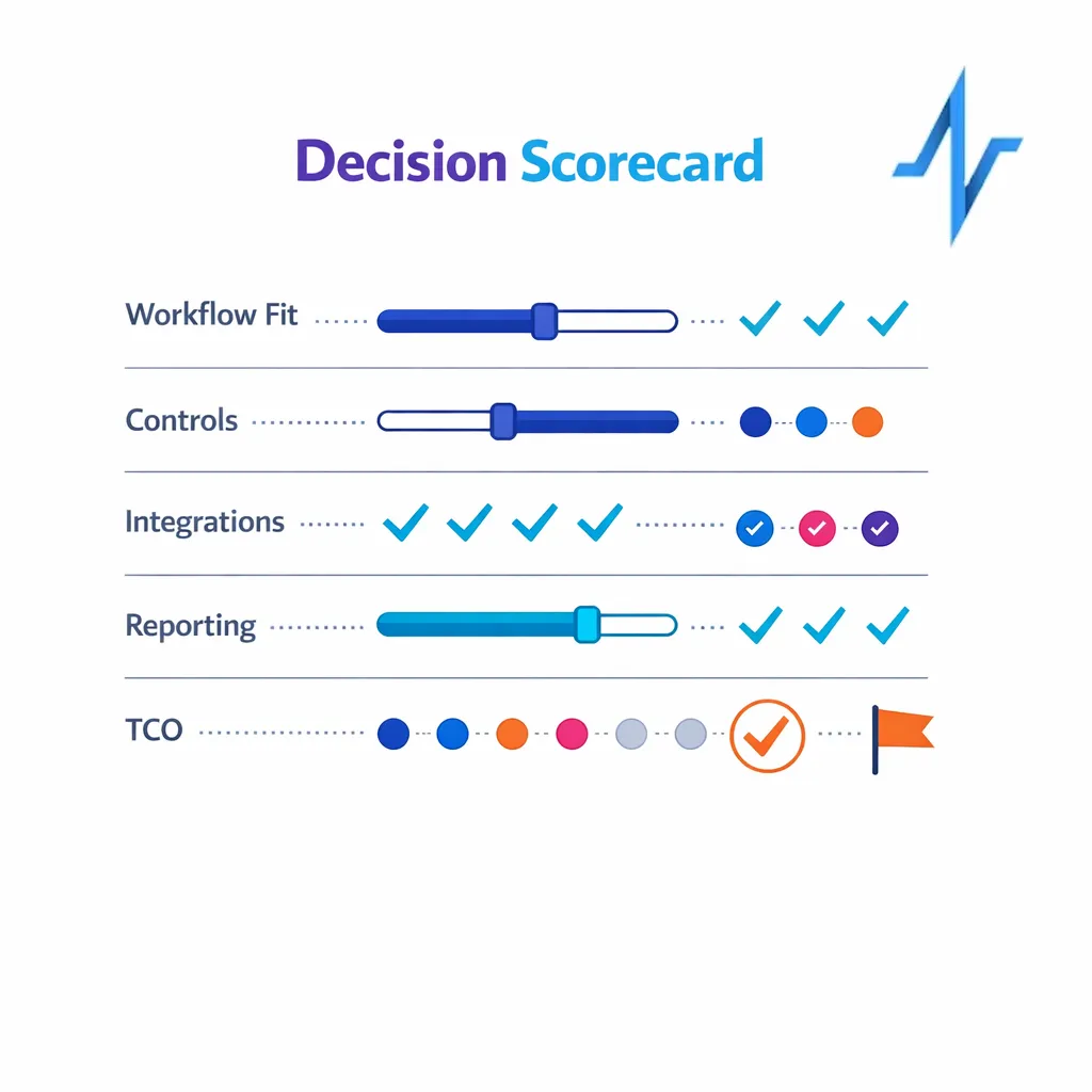 A weighted scorecard organizes workflow fit, controls, integrations, reporting, and total cost of ownership.