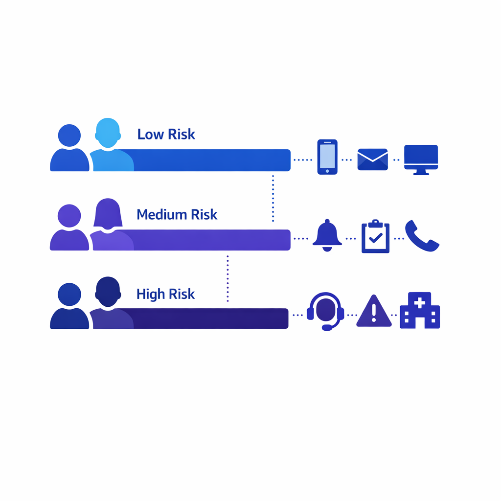 Low, medium, and high-risk patients receive different levels of outreach and human support.
