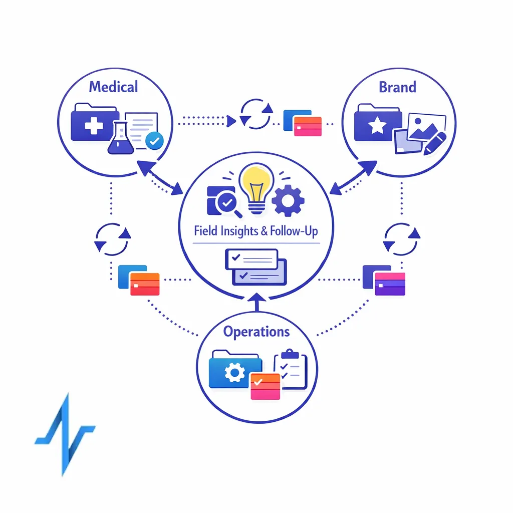 Medical, brand, and operations teams connect through clear handoffs around field insights and follow-up.