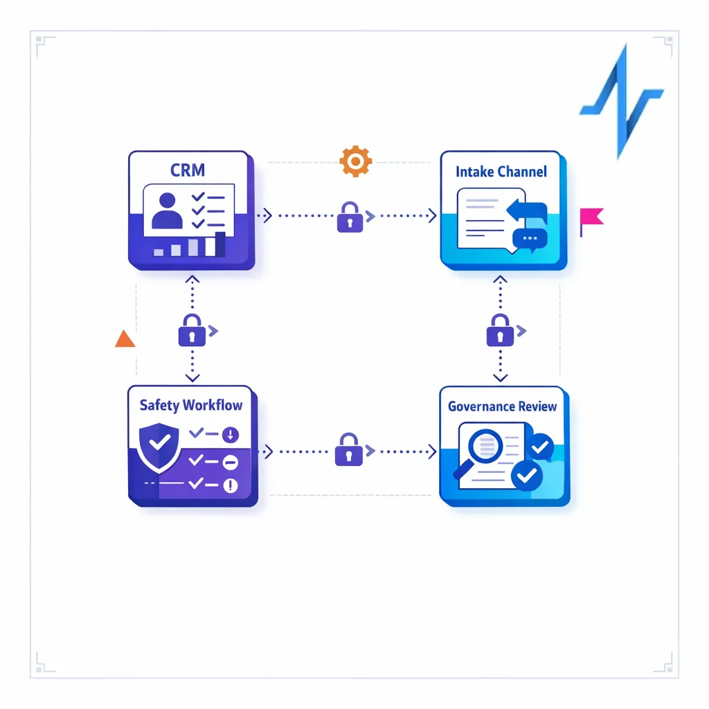 CRM, intake, and safety systems connect through audit-friendly integrations and governance controls.
