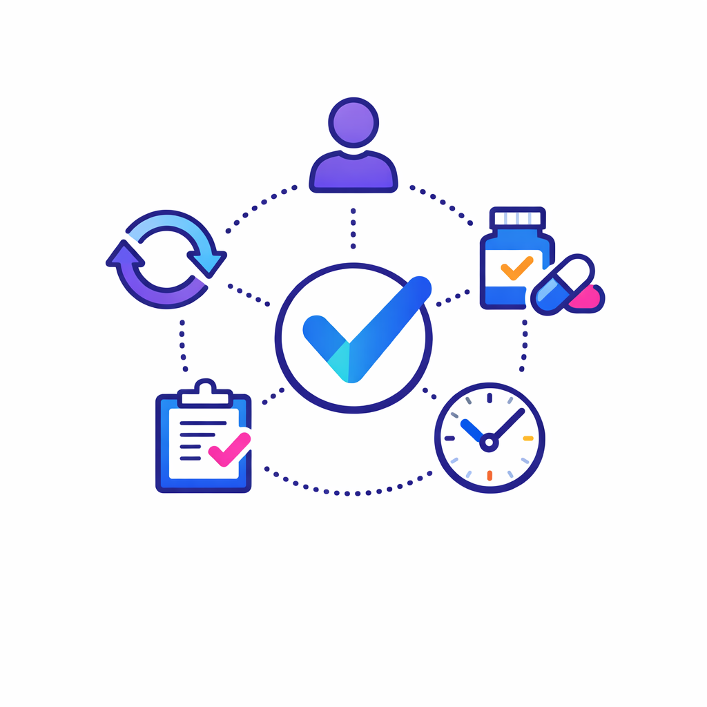 A five-part checklist summarizes the basics of patient, therapy, understanding, routine, and refill.