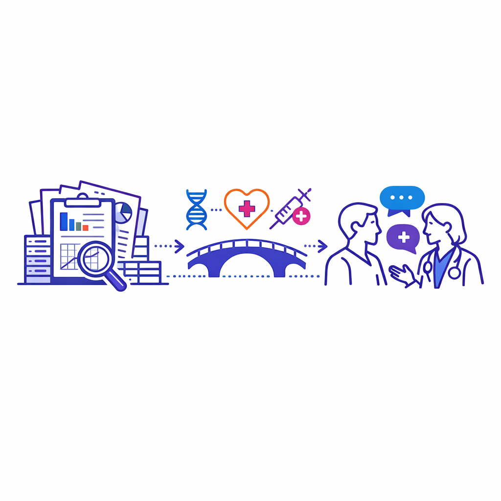 Dense clinical data transforms into a clear clinician conversation in a simple step-by-step visual.