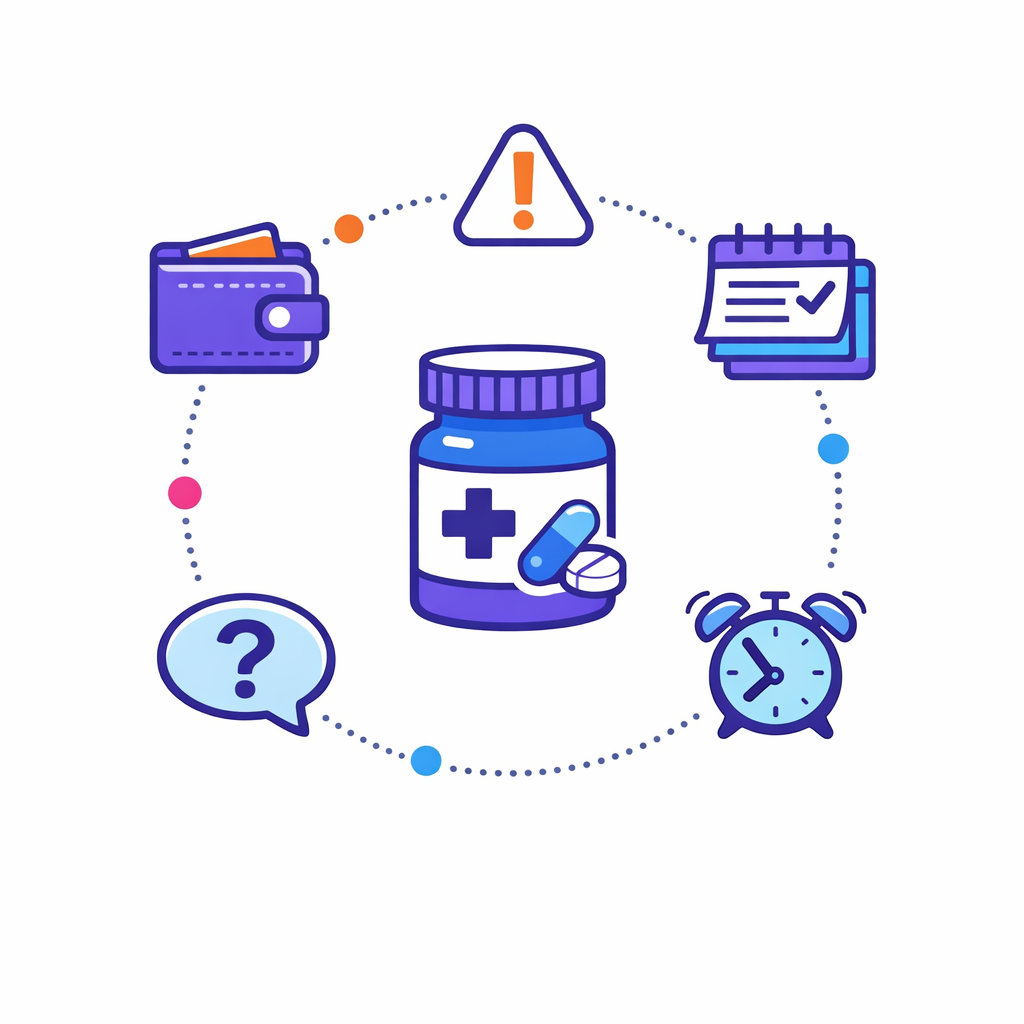 Five common reasons for stopping medicine appear as simple icons around a central pill bottle.