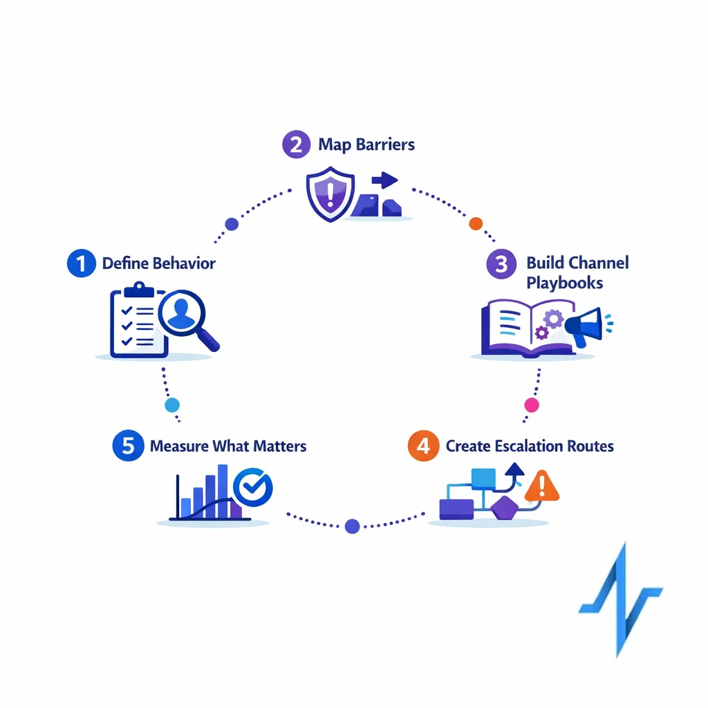 A step-by-step roadmap shows how teams can map barriers, route support, and measure outcomes.