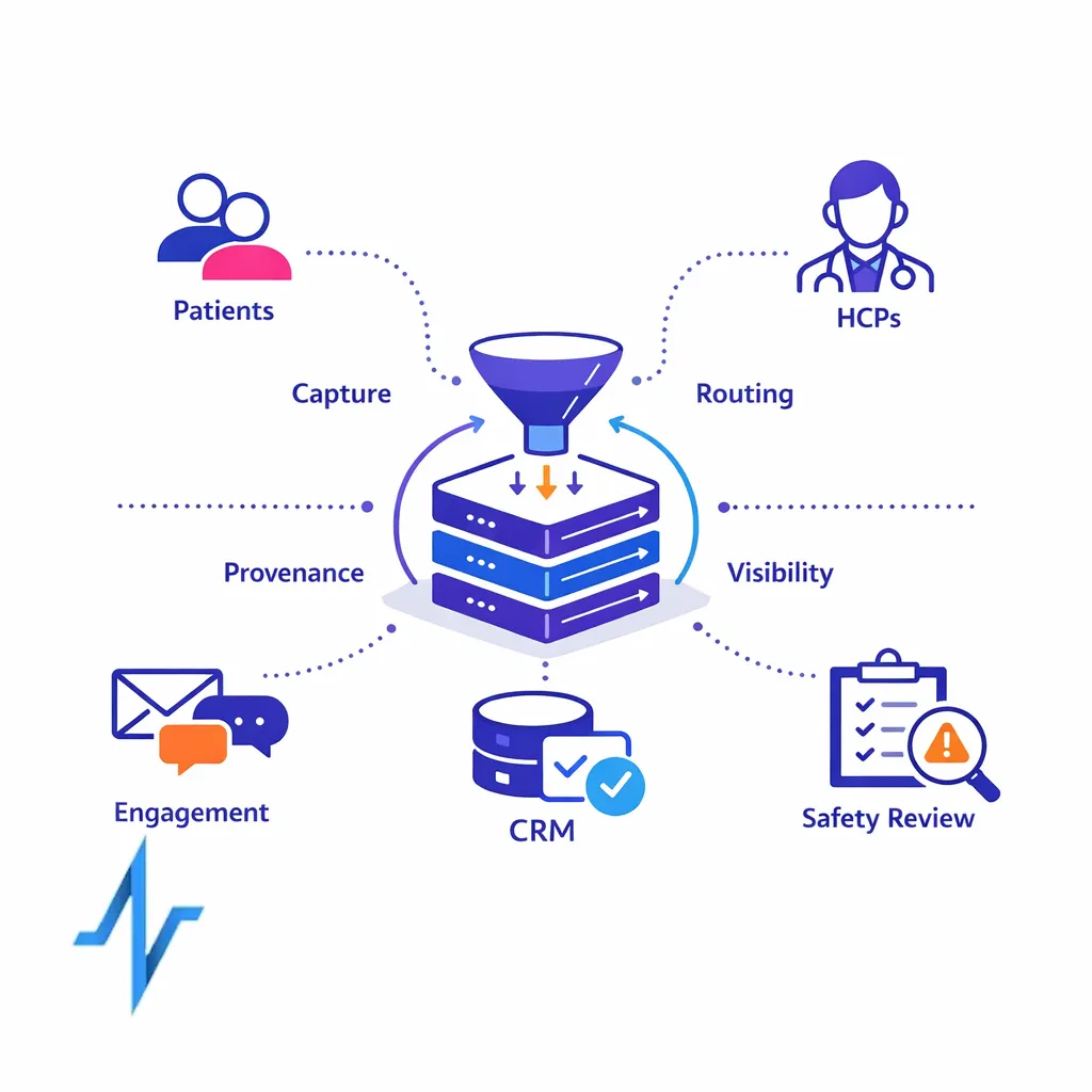 A central orchestration hub supports safer reporting across patient and HCP engagement channels.