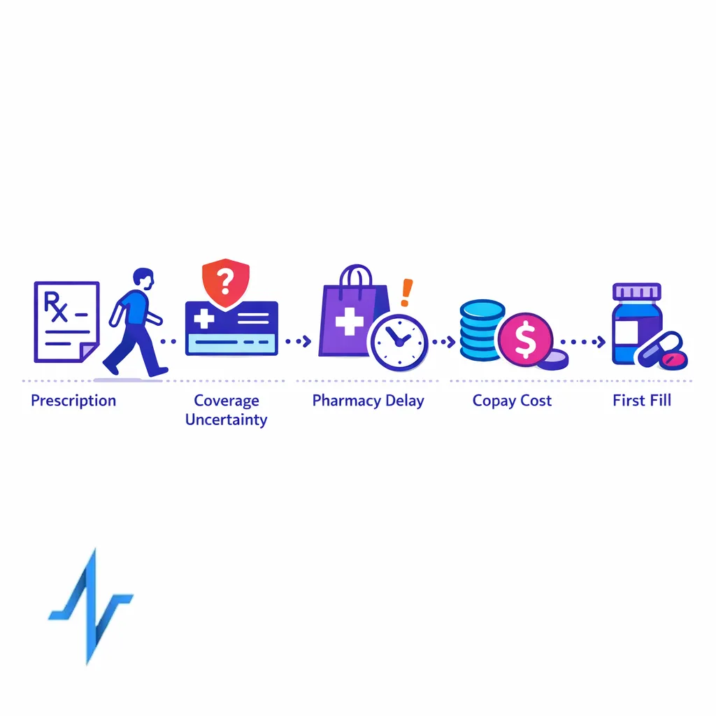 A prescription path is blocked by insurance, pharmacy, and cost barriers before the first refill can begin.