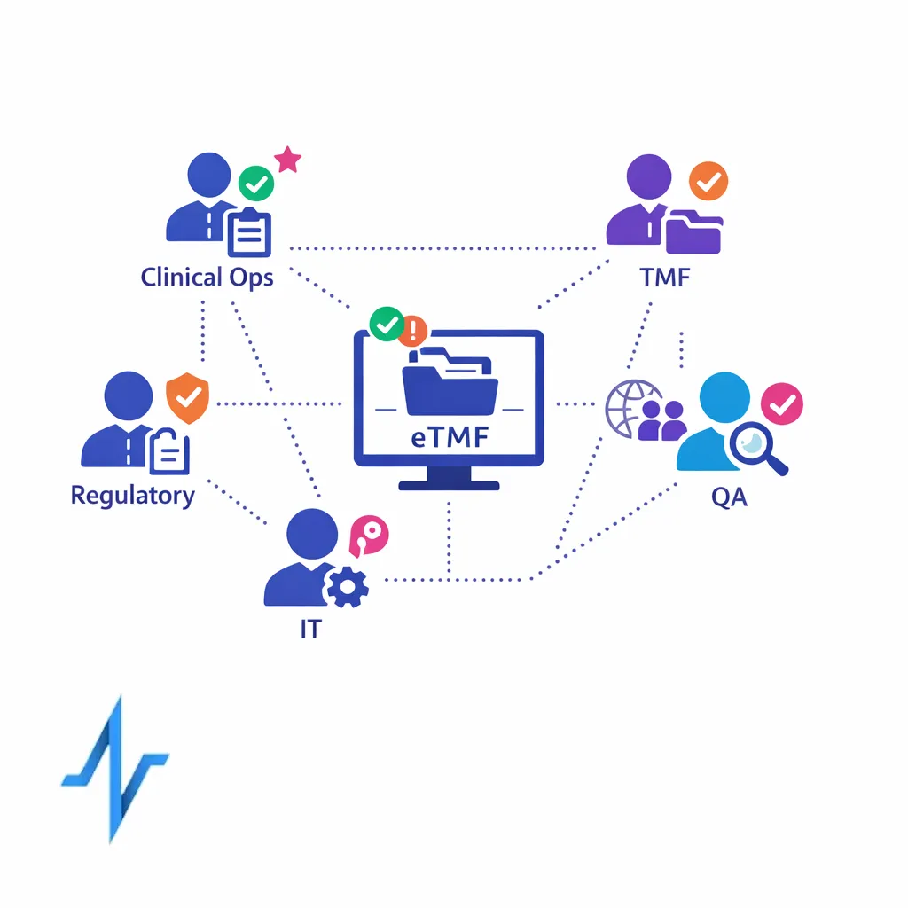 Five stakeholder roles orbit a shared eTMF workspace to show cross-functional ownership and visibility.