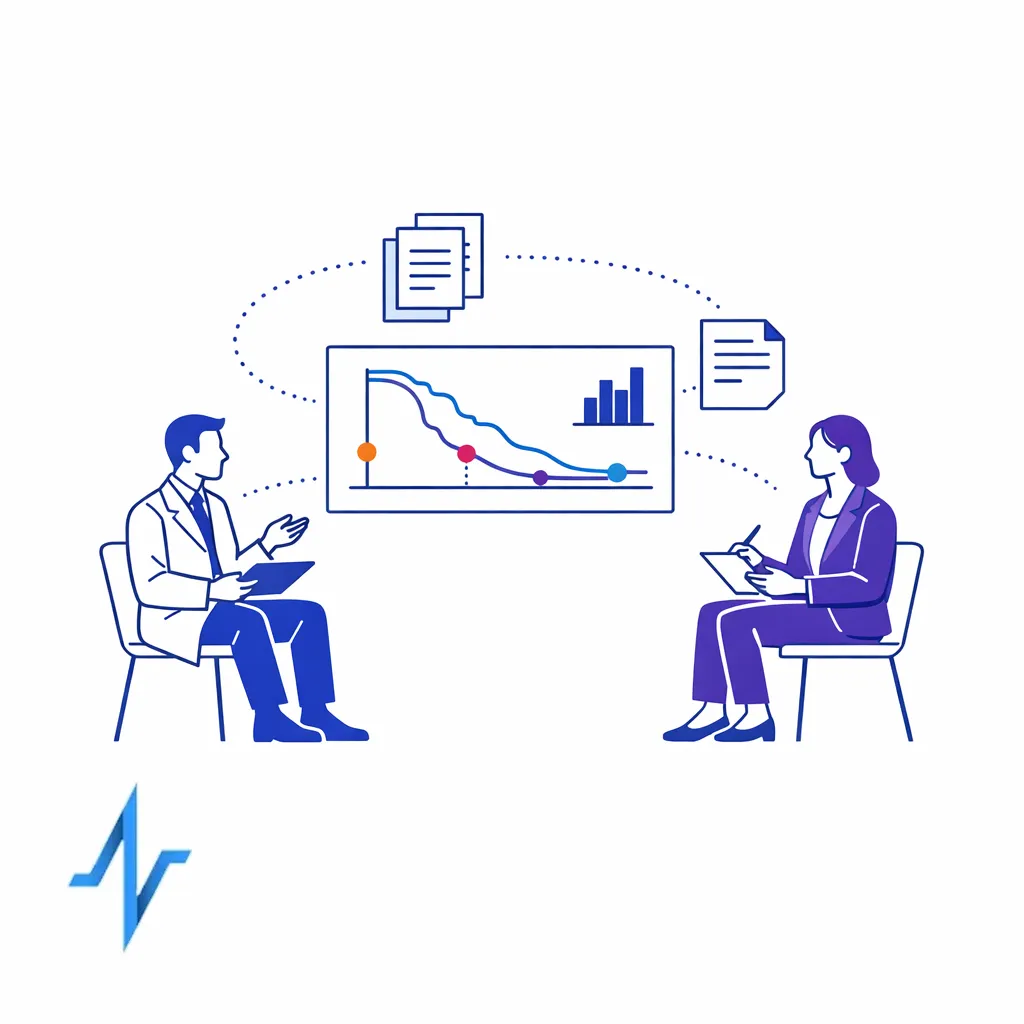 Two expert clinicians exchange evidence-based insights across a balanced table with data visuals between them.
