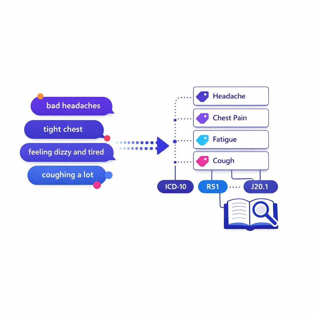 Everyday symptom language is translated into standardized coded terms through a clean diagram.
